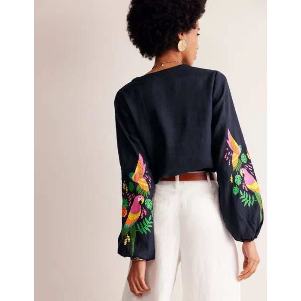Boden Bonnie Linen Top Navy Blue Parrot Pineapple Embroidered Blouse US 6 - Picture 4 of 12